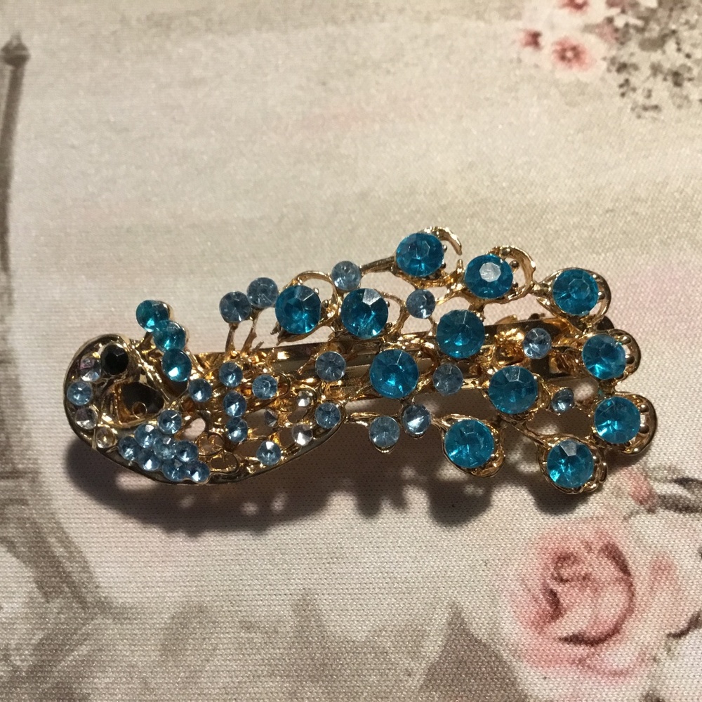 Vintage~Art Deco Style~Yellow Gold Tone Aqua Blue Glass Rhinestone Barrett